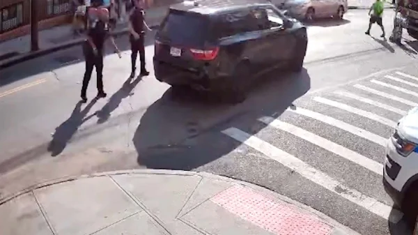 A GrubHub delivery driver on an electric bike slammed into a mom pushing her two-year-old in a stroller in a Manhattan intersection and then sped away.